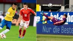 Zlatko Junuzovic (linkes Bild rechts) lief 55-mal für Österreich auf. Auch gegen Brasilien um Superstar Neymar (ganz links).  Sein Fallrückzieher gegen Mattersburg  (rechtes Bild) wurde zum schönsten Tor der Bundesliga-Geschichte gewählt. (Bild: picturedesk.com/Picturedesk)