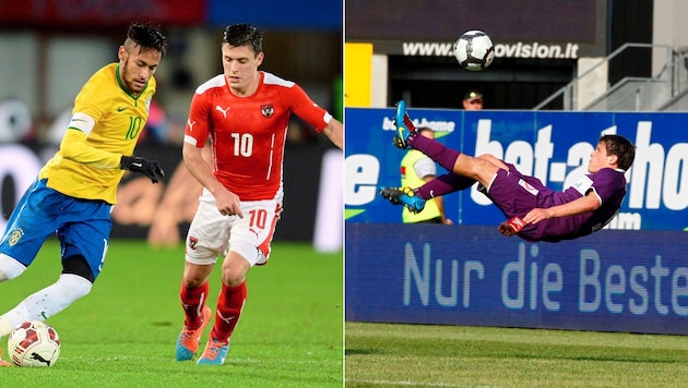 Zlatko Junuzovic (left picture, right) made 55 appearances for Austria. Also against Brazil with superstar Neymar (far left). His overhead kick against Mattersburg (right) was voted the most beautiful goal in Bundesliga history. (Bild: picturedesk.com/Picturedesk)