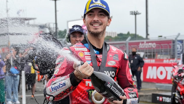 Francesco Bagnaia hatte in Japan Grundzum Jubeln. (Bild: AP)