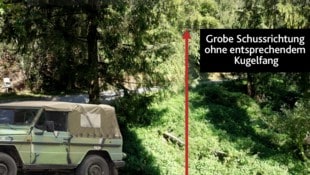 Blick vom Hochstand der Frau herab, die aus rund zehn Metern über die Köpfe der deutschen Soldaten schoss. (Bild: Krone KREATIV/zVg)