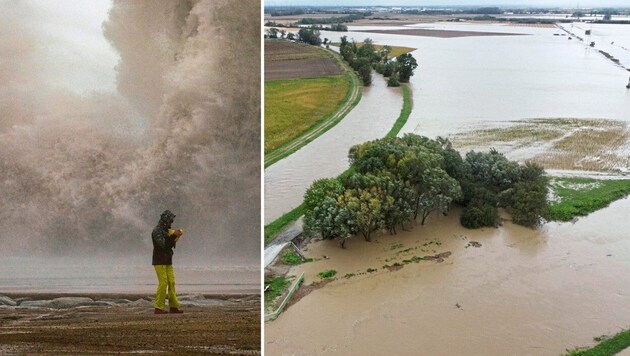 "Weather storms", but above all the heat over and in the Mediterranean, have a devastating effect on us in the form of floods. (Bild: Pressestelle BFK Mödling/M. Seyfert, AP/Emilio Morenatti)