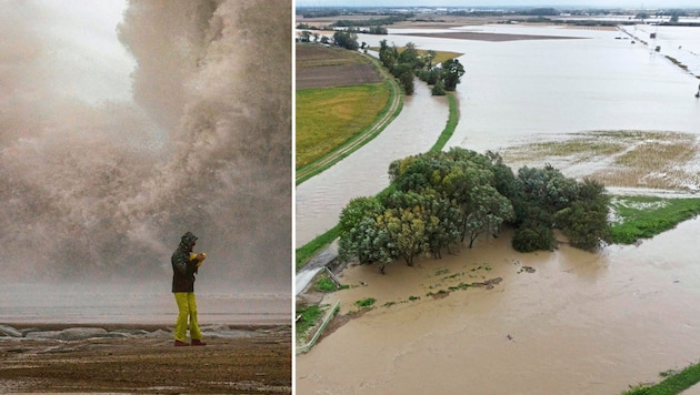 "Weather storms", but above all the heat over and in the Mediterranean, have a devastating effect on us in the form of floods. (Bild: Pressestelle BFK Mödling/M. Seyfert, AP/Emilio Morenatti)