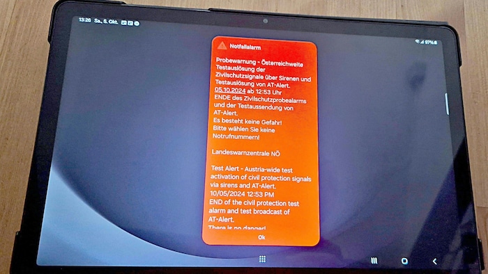 So sah der Probealarm auf einem Handy aus.