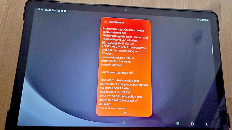 This is what the test alarm looked like on a cell phone. (Bild: APA/Marie-Theres Fischer)