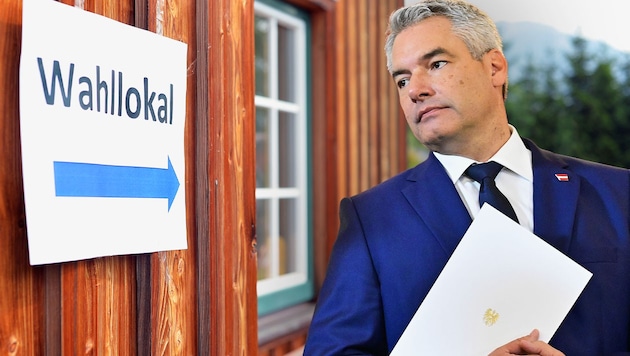 There are still four more rounds of elections in the federal states before the end of January 2025. These could have a major impact on the coalition poker at federal level and put Chancellor Karl Nehammer under even more pressure. (Bild: Krone KREATIV/APA)