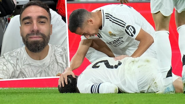 Carvajal (number two) on the pitch on the ground, later (left picture) he confirmed the cruciate ligament rupture. (Bild: AP)