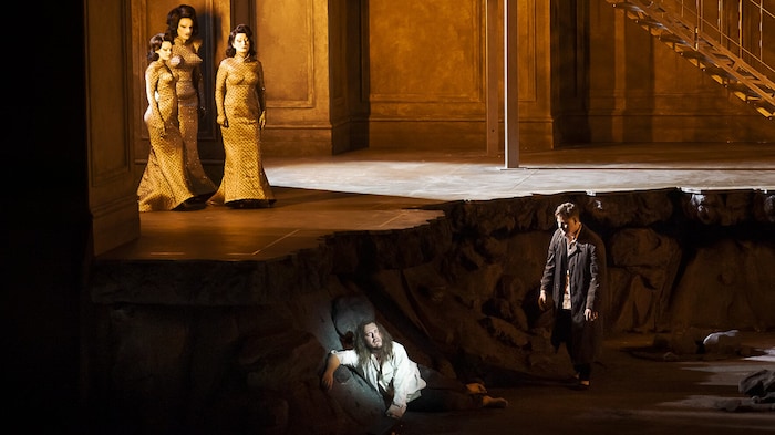 The redemption of the tormented artist's soul at the end, Tannhäuser (Samuel Sakker) resists temptation with the help of Wolfram (Nkita Ivasechko). 