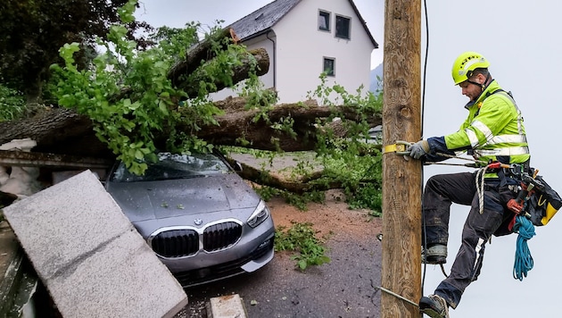 Fabian Eienberger steigt als Freileitungsmonteur auf Strommasten. (Bild: Krone KREATIV, FF Lantschern, Energienetze Steiermark/ Symbol)