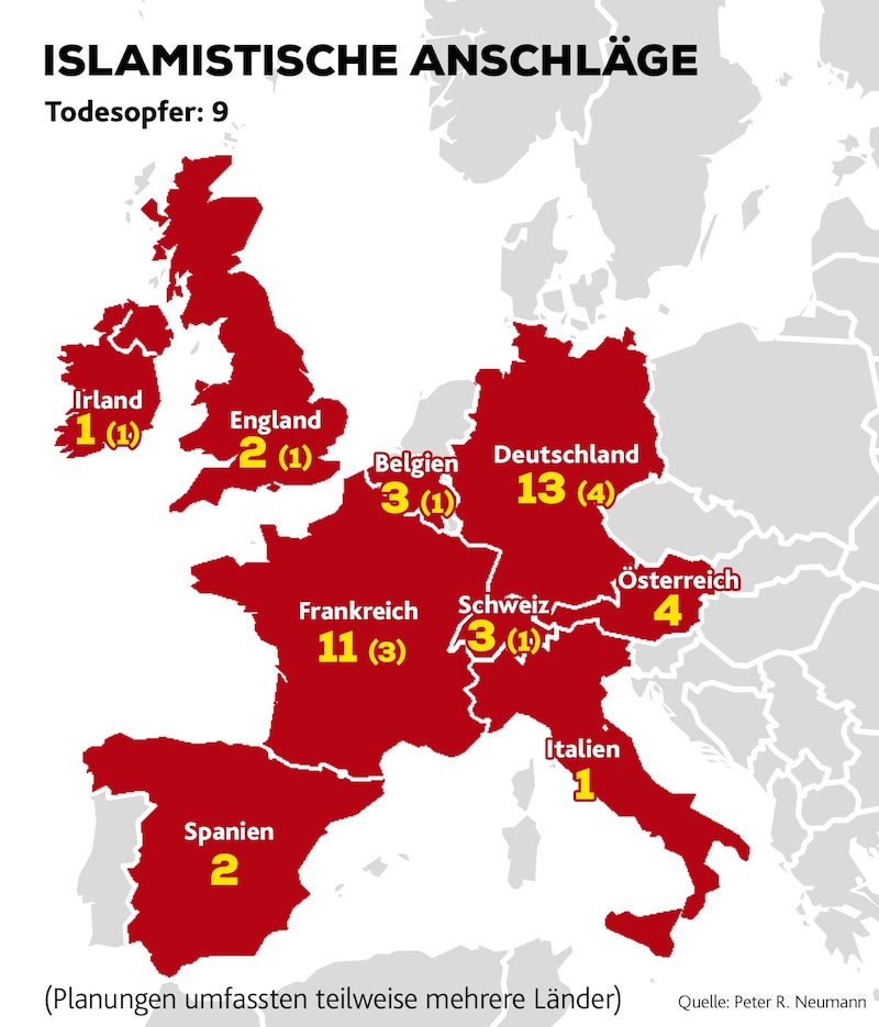 Die Grafik zeigt die islamistischen Anschlagsbemühungen in Europa seit dem 7. Oktober 2023. In Klammer: tatsächlich durchgeführte Aktionen (Bild: Krone KREATIV)