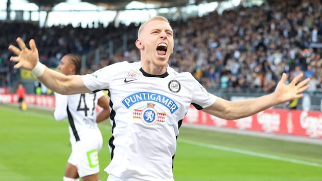 Will Mika Biereth and Co. have reason to celebrate again today against Sporting Lisbon? (Bild: GEPA/GEPA pictures)