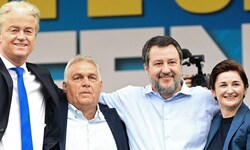 Geert Wilders, Viktor Orban, Matteo Salvini (3.v.r.) und Marlene Svazek (von links) beim ...