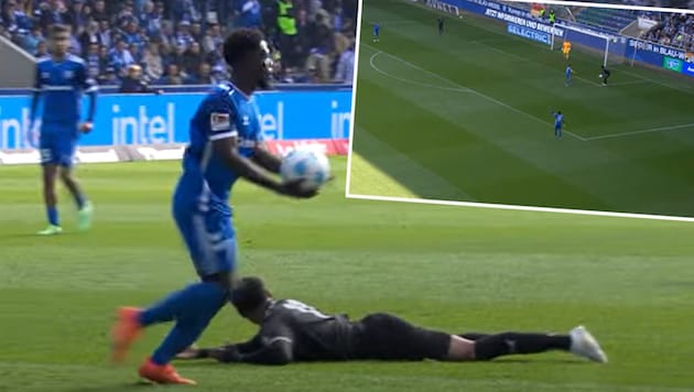 Curious: First Fürth's Gideon Jung (small picture, right) makes a faux pas, then Magdeburg's Daniel Heber. (Bild: Screenshot Sky)