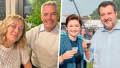 Charmeoffensive in Italien: Während Bundeskanzler Karl Nehammer (ÖVP) Premierministerin Giorgia Meloni in Rom zum Abendessen traf, weilte FPÖ-Vizechefin Marlene Svazek bei Matteo Salvinis Rechtstreffen in der Lombardei. (Bild: Krone KREATIV/Screenshots/instagram.com/x.com)