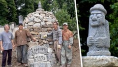 Die Steinmetze aus Südkorea nahmen die Steinvater-Figur aus ihrer Heimat nach Krems mit – jetzt wurde sie gestohlen. (Bild: Krone KREATIV/Vogler)