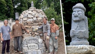 Die Steinmetze aus Südkorea nahmen die Steinvater-Figur aus ihrer Heimat nach Krems mit – jetzt wurde sie gestohlen. (Bild: Krone KREATIV/Vogler)