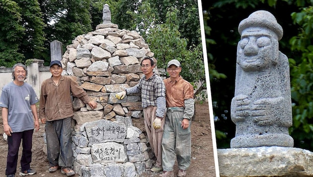 Die Steinmetze aus Südkorea nahmen die Steinvater-Figur aus ihrer Heimat nach Krems mit – jetzt wurde sie gestohlen. (Bild: Krone KREATIV/Vogler)