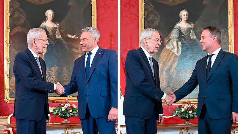 Karl Nehammer war als Zweiter beim Vieraugengespräch mit Bundespräsident Van der Bellen in der Hofburg. Der potenzielle Koalitionspartner Andreas Babler (re.) folgte danach. (Bild: Krone KREATIV/APA)