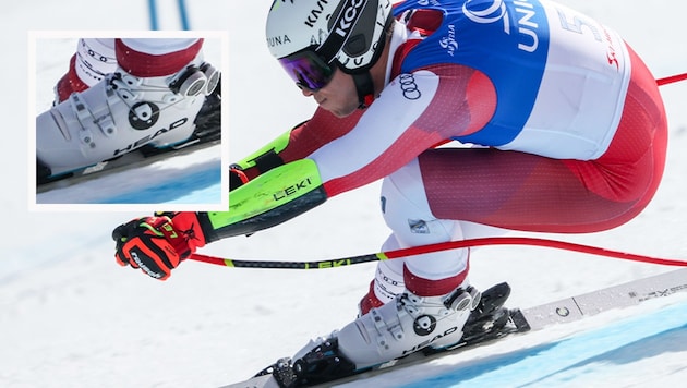 Lukas Feurstein has already skied to bronze in the super-G at the Austrian national championships with the "laced boot" prototype from Head. (Bild: Krone KREATIV/GEPA Pictures)