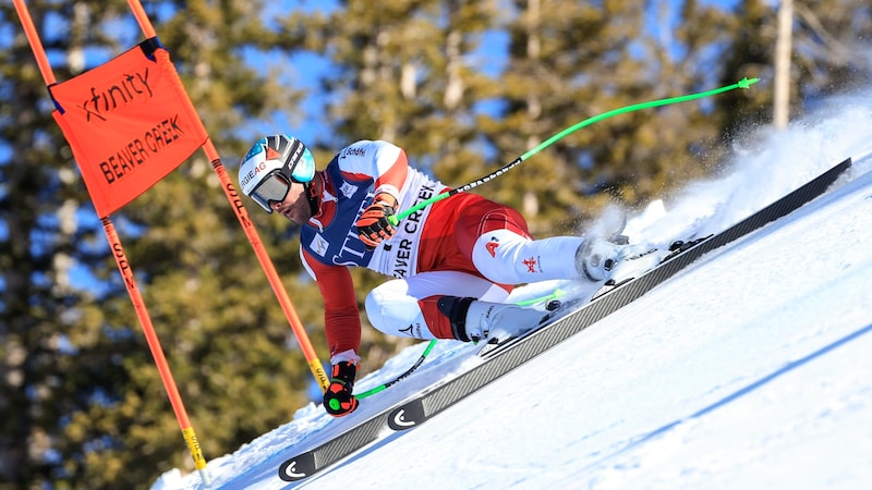 Vincent Kriechmayr was already wearing the boot prototype in November 2023 during training for the downhill in Beaver Creek. (Bild: GEPA pictures)