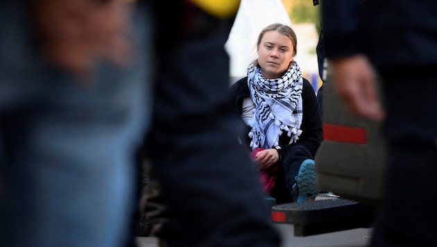 Thunberg can now only be seen wearing a Palestinian scarf. (Bild: AFP/JOHN THYS)