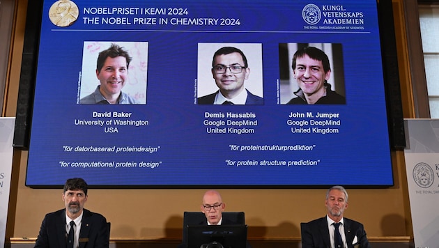 Der Nobelpreis für Chemie geht 2024 an die Proteinforscher David Baker, Demis Hassabis und John M. Jumper.  (Bild: APA Pool/AFP)