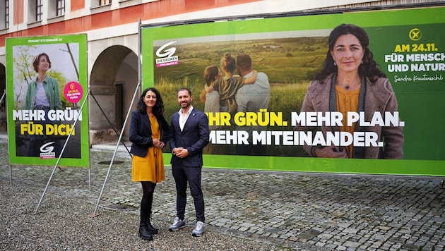 Die grüne Spitzenkandidatin Sandra Krautwaschl und Geschäftsführer Timon Scheuer. (Bild: Die Grünen Steiermark)