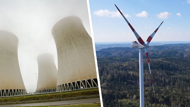 Innviertler Windkraftgegner halten Windräder für entbehrlich, Atommeiler aber für nötig – wenngleich vermutlich nicht im Innviertel. (Bild: Krone KREATIV/Land OÖ/Dedl, Daniel Scharinger)