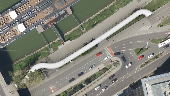The crosswalk at the 90-degree bend will be removed as soon as the ramp is completed.