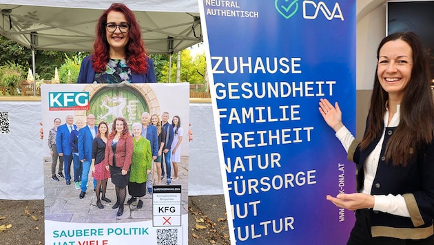 Claudia Schönbacher (KFG, left) and Maria Hubmer-Mogg (DNA) want to run in the regional elections. (Bild: Krone KREATIV/Christian Jauschowetz, Jakob Traby)