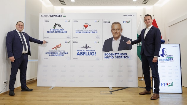 Kommunikationsleiter Philipp Könighofer und Wahlkampfleiter Stefan Hermann (re.) präsentierten die erste Plakatwelle. (Bild: picturedesk.com/APA/ERWIN SCHERIAU)