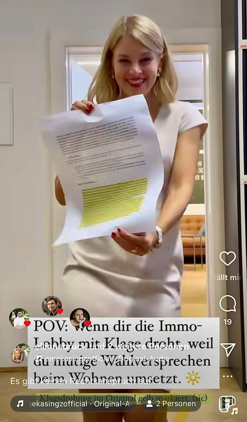 „Wenn dir die Immo-Lobby mit Klage droht, weil du mutige Wahlversprechen beim Wohnen umsetzt.“ (Bild: Screenshot)