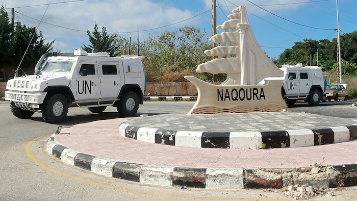 UN armored vehicles in front of the UNIFIL headquarters in Naqoura