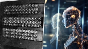 Mit seiner „Bombe“ (l.) knackte Alan Turing den Nazi-Code. Heute sind wir „denkenden“ Maschinen näher als je zuvor. (Bild: Public Domain/Adobe.com)