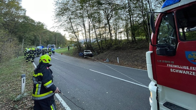 Die Pkw-Lenkerin krachte gegen einen Baum. (Bild: FF Schwarzenbach)