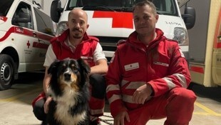 Vermissten aufgespürt: Rotkreuz-Suchhund „Prinzessin Leia“ mit Hundeführer Christoph Wilfinger (links) und Helfer Mario Weninger. (Bild: Lena Tesch)