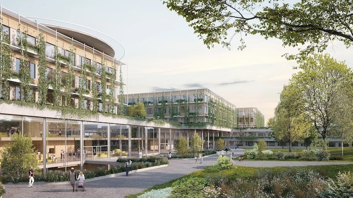 Die Patienten sollen in vier Bettentürmen unterkommen, was Platz für einen großen Spitalsgarten ...