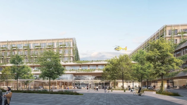 Auf Straßenniveau wird man die neue Klinik Ottakring betreten. Jetzt stehen dort noch die derzeitigen Verwaltungsgebäude, die für den Neubau als erste abgerissen werden. (Bild: AHA)