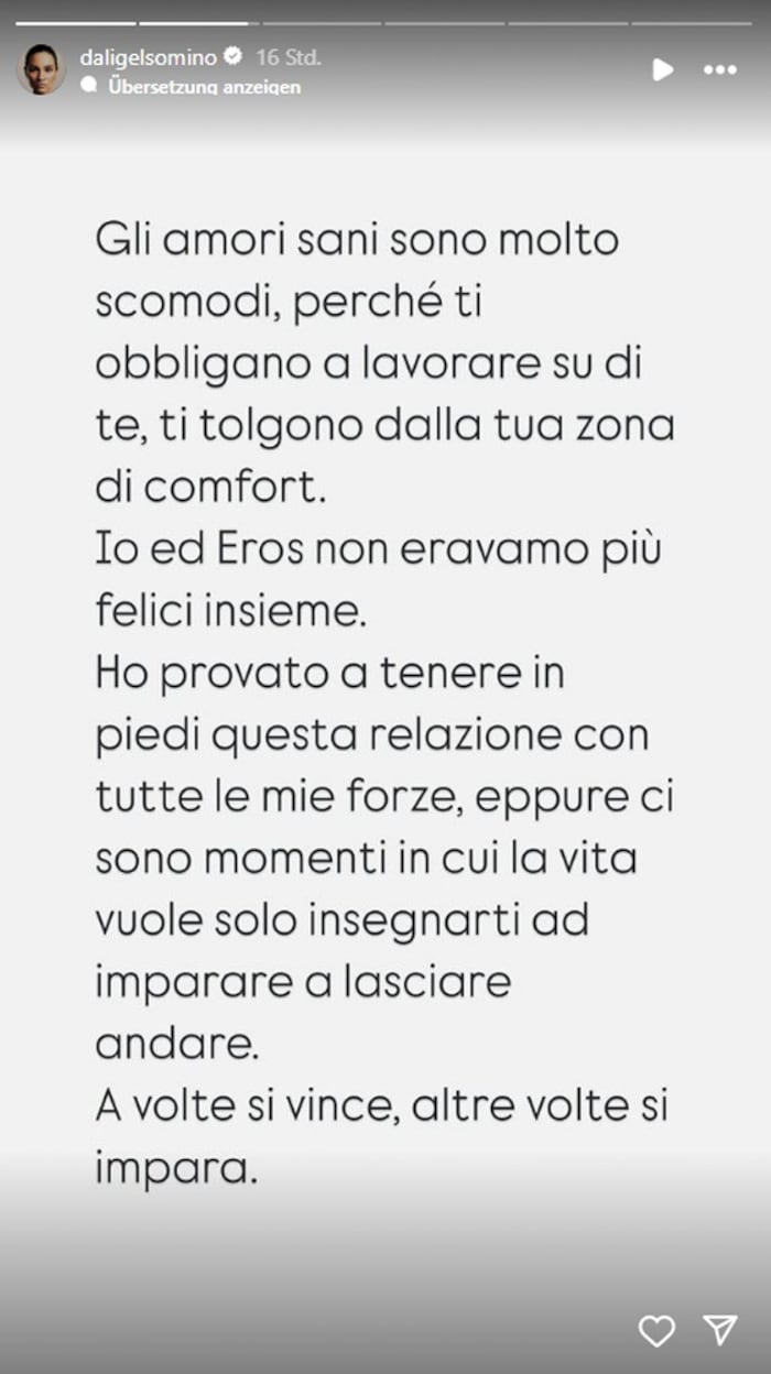 Dalila Gelsomino made her separation from Eros Ramazzotti public on Instagram.