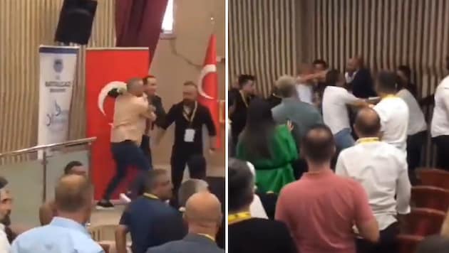 A mass brawl broke out at a members' meeting of the Turkish second division club Yeni Malatyaspor. (Bild: X/sencerbartu1)