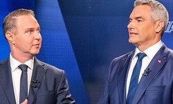 SPÖ-Chef Andreas Babler und ÖVP-Chef Karl Nehammer sind nun ohne die NEOS am Verhandlungstisch.