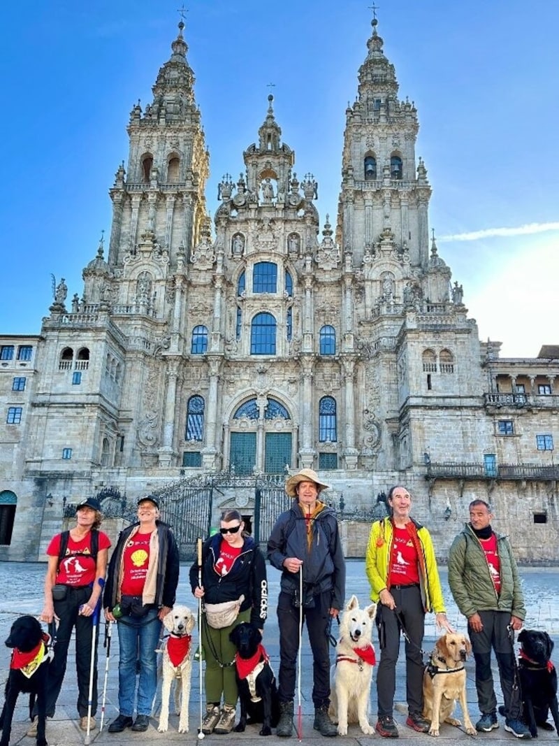 Geschafft! Die Gruppe der österreichischen und spanischen Blindenführhunde-Teams glücklich an ihrem Ziel - der Kathedrale von Santiago de Compostela - angekommen (Bild: Purina)