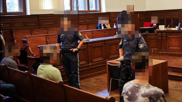 On the far left is the 30-year-old who was sentenced to 4 years' unconditional imprisonment as a tipster and "designated offender" in the Home Invasion case - not legally binding. (Bild: Scharinger Daniel/Pressefoto Scharinger © Daniel Scharinger, Krone KREATIV)