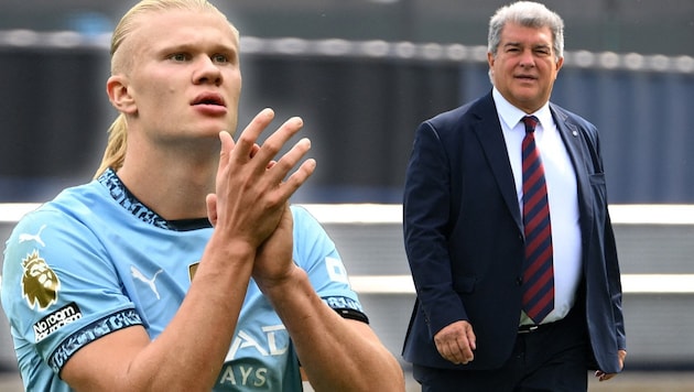 Barcelona president Joan Laporta wants to get Erling Haaland. (Bild: AFP, krone.at-mrgrafik)