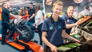 KTM belohnt die besten Lehrabschlüsse mit einem Motorrad, Hofer lobt erfolgsabhängig Gutscheine und Prämien aus. (Bild: Krone KREATIV/Hofer, Pierer Mobility)