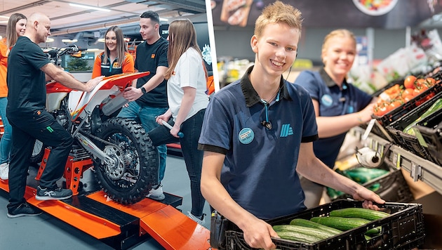 KTM rewards the best apprenticeship graduates with a motorcycle, while Hofer offers vouchers and bonuses based on success. (Bild: Krone KREATIV/Hofer, Pierer Mobility)