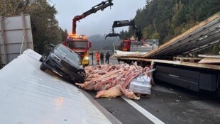 Die Schweinehälften lagen teilweise auf der Autobahn. (Bild: FF Spittal an der Drau)