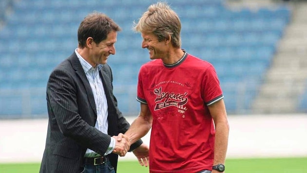 Franco Foda and Lars Söndergaard were the last coaches at the 2007 derby between Sturm and GAK. (Bild: Radspieler Jürgen/KRONEN ZEITUNG)