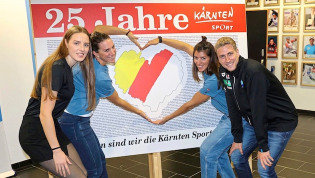 The Spittal swimming aces Jelic (left) and Gigler (right) with the Lobnig sisters. (Bild: Kuess Josef/Kuess)