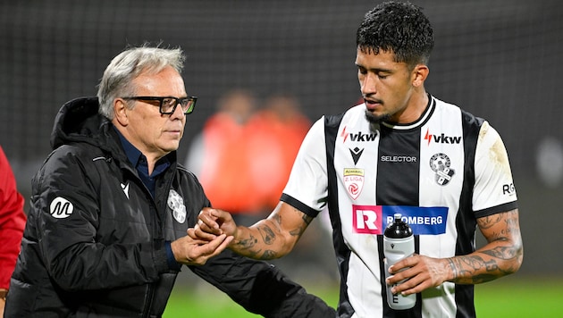 SW Bregenz coach Regi van Acker (pictured with striker Renan) wants to score at the FAC. (Bild: GEPA pictures)