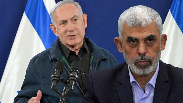 Israeli Prime Minister Benjamin Netanyahu: "Yahya Sinwar was eliminated when he ran away from our soldiers in fear." (Bild: Krone KREATIV/Viennareport, AP)